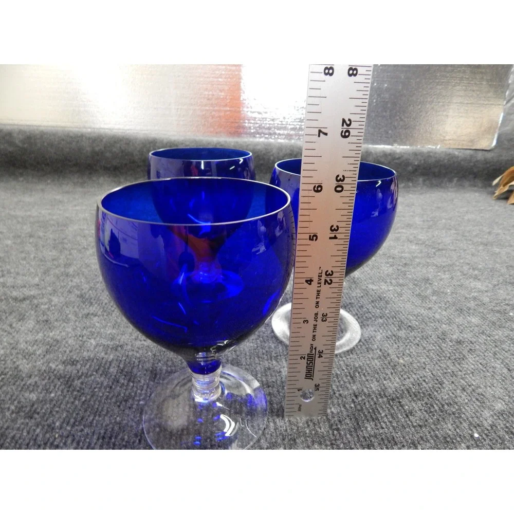 Vintage Cobalt Blue Wine Goblets Set of 3 Clear Stem Water Glasses